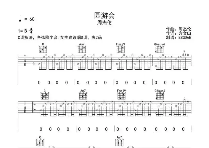 周杰伦《园游会》吉他谱 - c调弹唱六线谱第1张