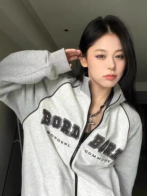 高质量(华棉复合牛奶丝300g薄款发泡)韩范撞色立领卫衣女开衫外套