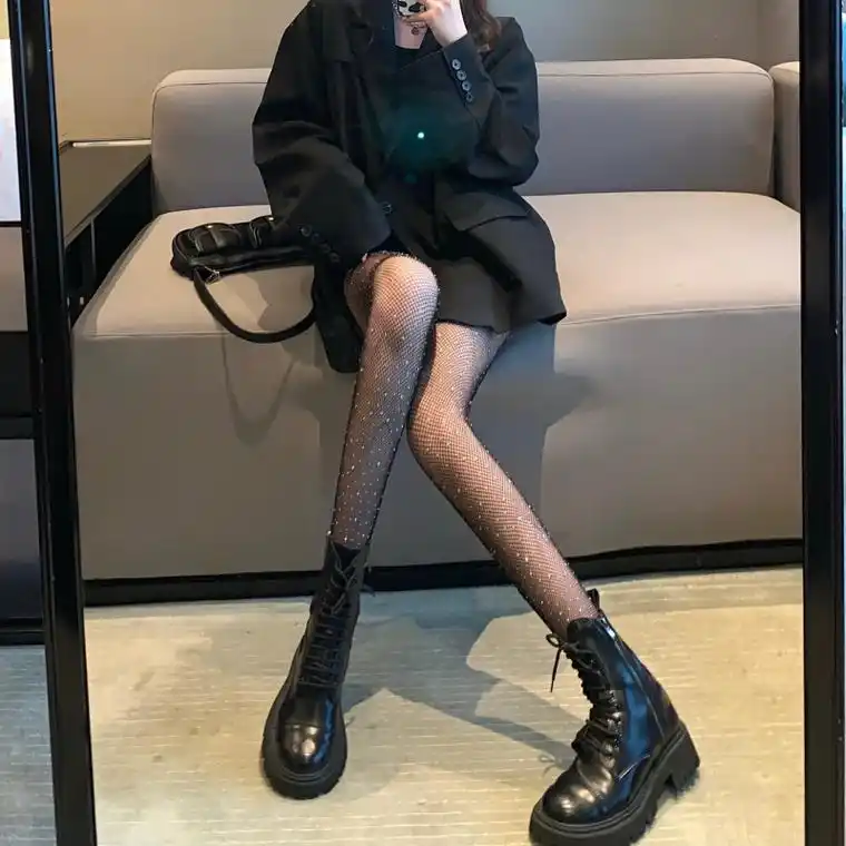 夏季性感黑色丝袜女薄款春秋渔网袜ins黑丝带钻亮闪闪
