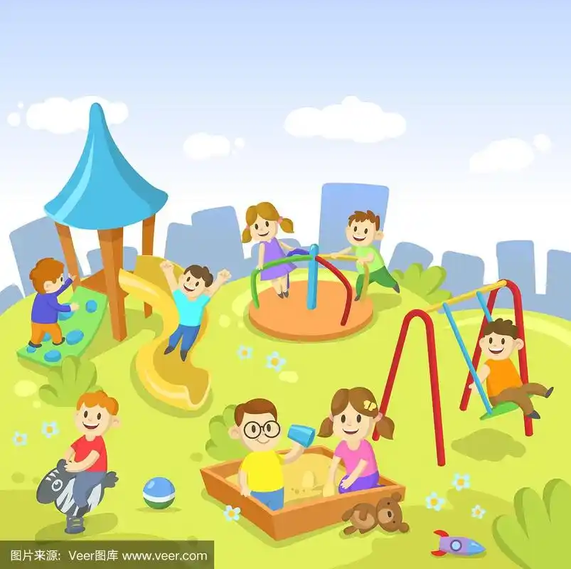 快乐的孩子们在公园里玩卡通城市景观,天空中有云.卡通平面矢量插图.