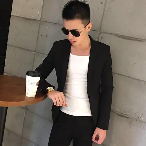 社会精神小伙西装外套青少年修身潮流纯色西服夹克
