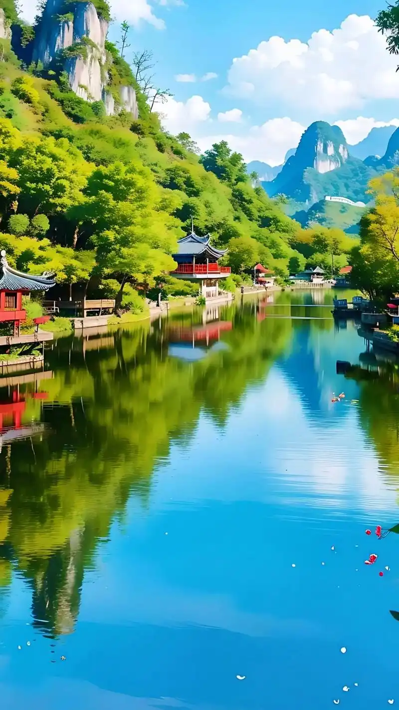 人间仙境世外桃源江南小镇,春天的桂林山水美景,青山绿水,红色 - 抖音