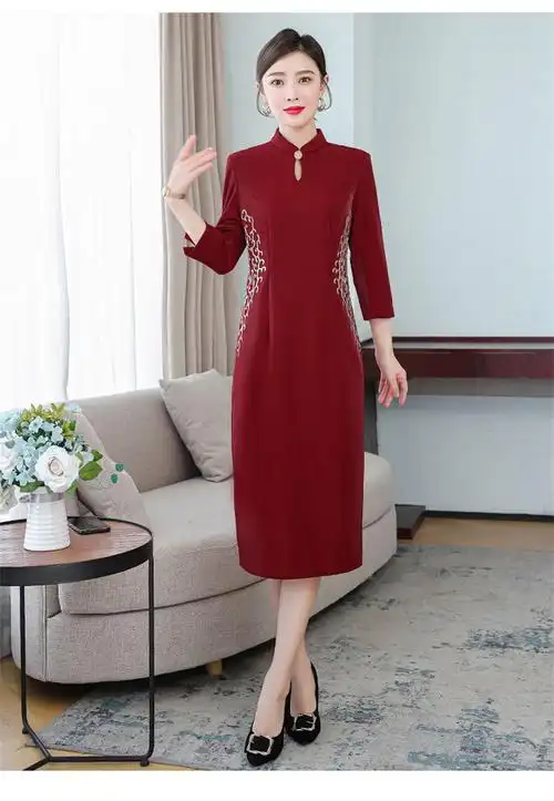 婚礼妈妈装高档礼服遮肚子醋酸缎面妈妈装婚宴连衣裙2喜婆婆红色礼服