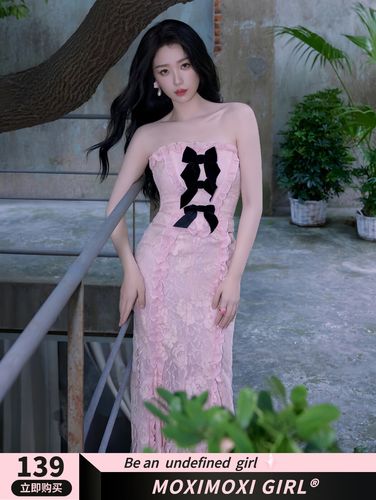 铭汇通虞书欣同款衣服moxi 粉色蕾丝抹胸裙气质显瘦蝴蝶结露背生日