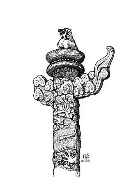 带华表党徽的简笔画