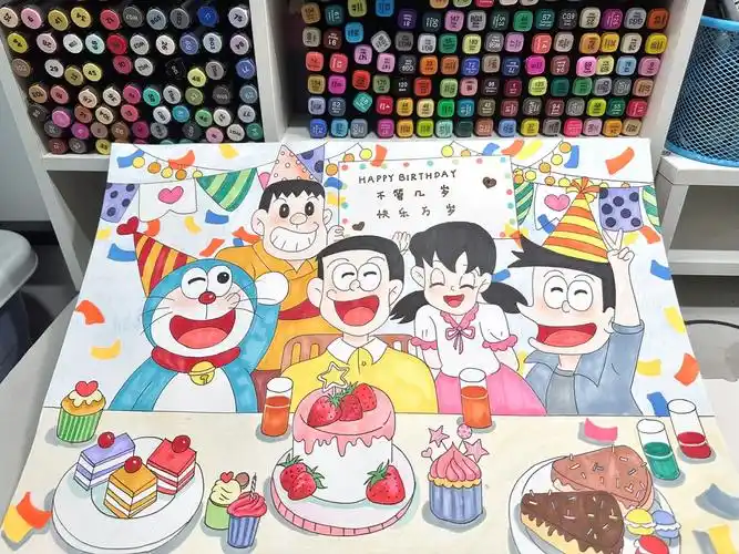 马克笔哆啦a梦生日大海报左滑查看步骤图