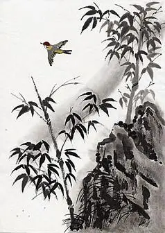 水墨画—山上的竹子和飞翔的鸟