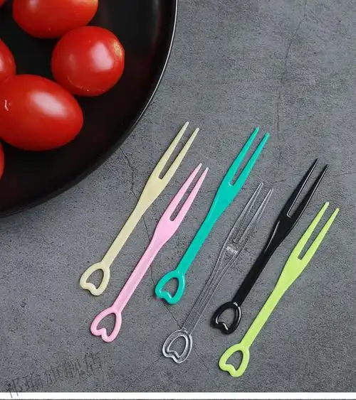 一次性水果叉塑料点心小叉子水果签插水晶透明试吃叉包装心形叉黄色