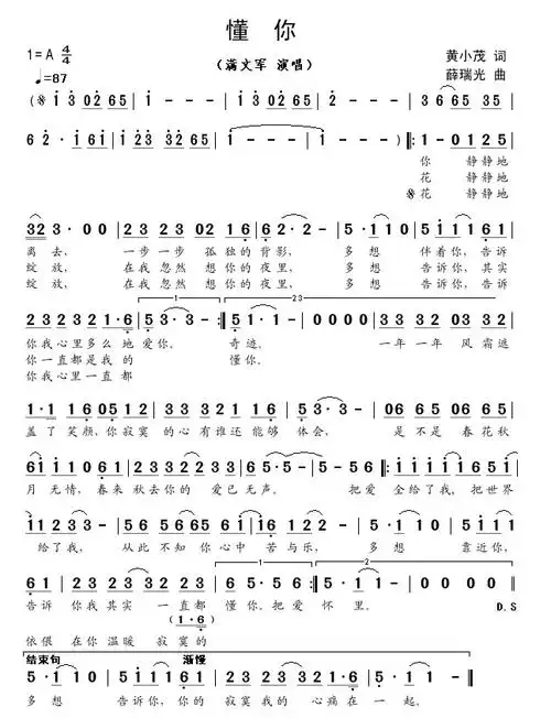 懂你 满文军 歌谱 简谱