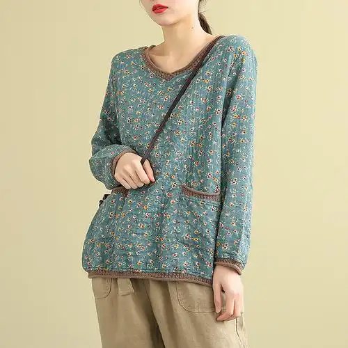 dza复古 v领碎花小衫女士宽松打底棉麻上衣2021新款秋季长袖t恤