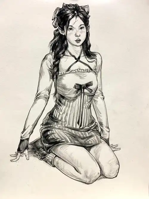 女青年坐姿人物速写场景速写素材