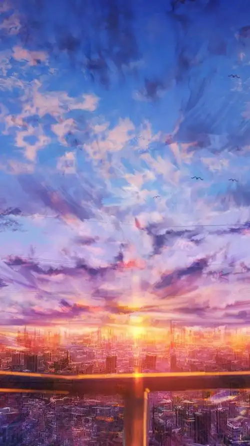 夕阳下唯美城市动漫场景,高清图片,手机壁纸