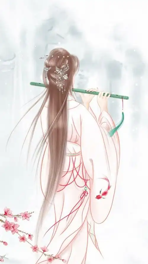 粉色手绘古风冬天古代古装人物背影元素png素材