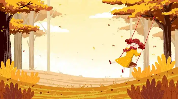 秋天荡秋千的小女孩背景插画