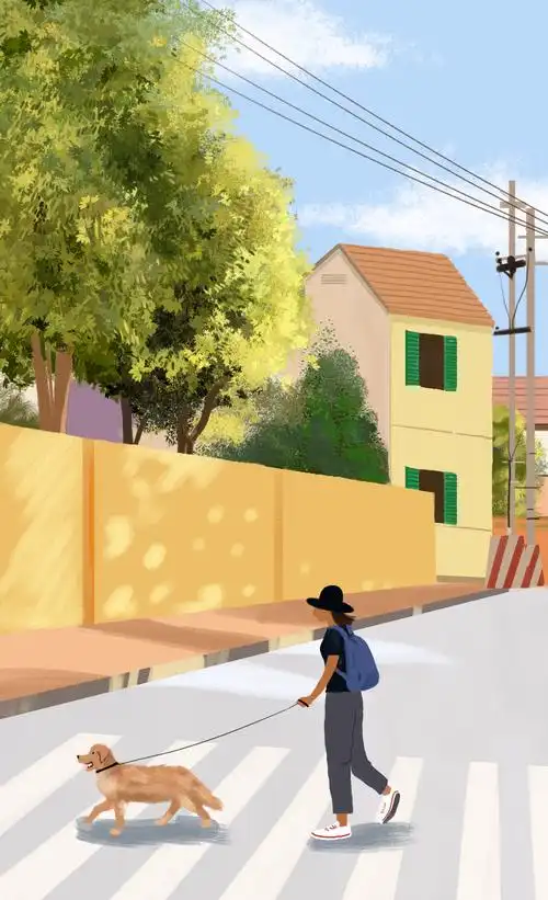 夏天午后时光遛狗大街上树荫斑驳街道插画