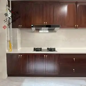 全屋定制新中式橱柜实木石英石厨房台面整体大吊柜简约乌金木家具
