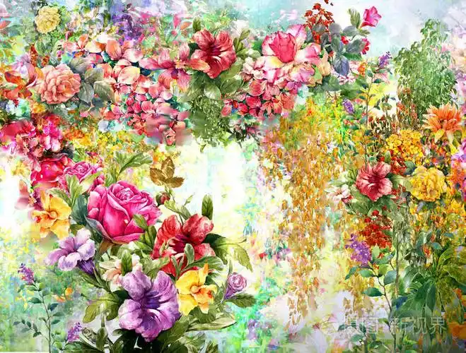 抽象的花朵水彩画.多彩多姿的鸟语花香的春天