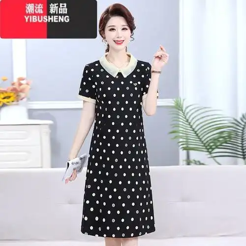 yibusheng妈妈装新款季短袖娃娃领连衣裙洋气中年人女装百搭套头直筒