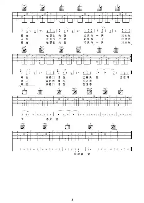 汪峰《春天里》吉他谱-c调原版六线谱