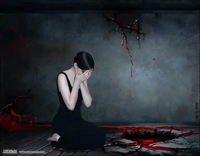 ps合成在血迹边痛哭的美女_图文教程_ps图文教程_一品素材教程网