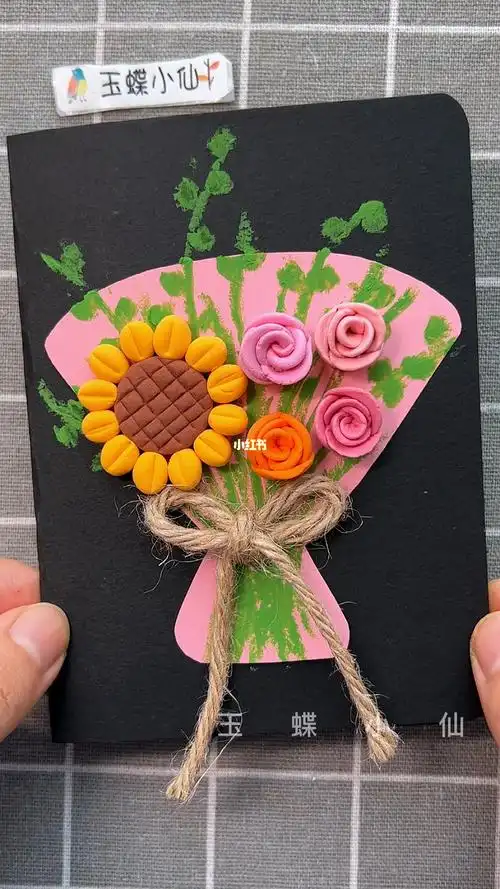 原创教师节手工立体粘土贺卡玫瑰花向日葵