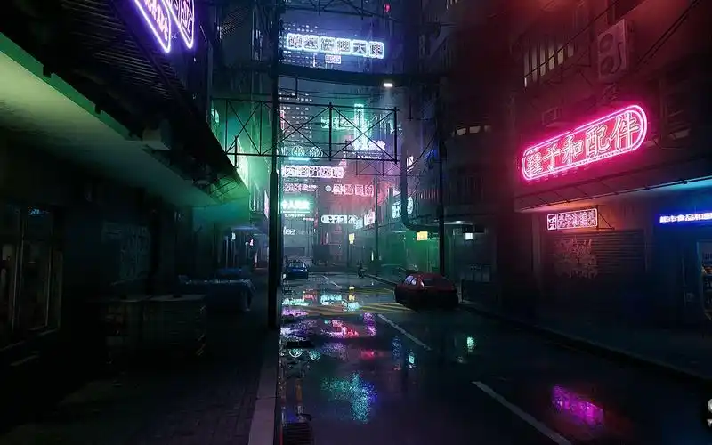 未来科幻霓虹赛博朋克风城市街道餐厅洗衣房餐厅场景ue模型设计素材