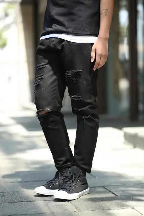 牛仔裤egtb2020春季潮牌潮流韩版黑色破洞水洗牛仔裤