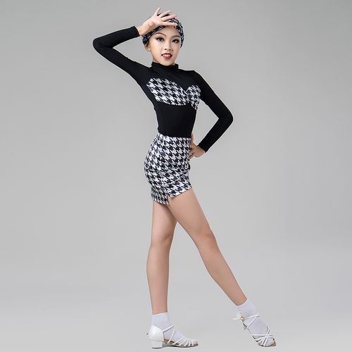 歌瑞亚拉丁舞服女童恰恰黑色长袖千鸟绒套装拉丁训练表演服jx003