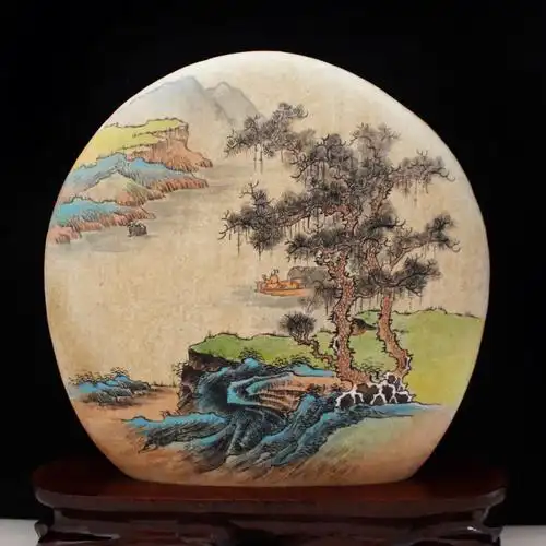 手绘石头画摆件精品山水画手工艺品