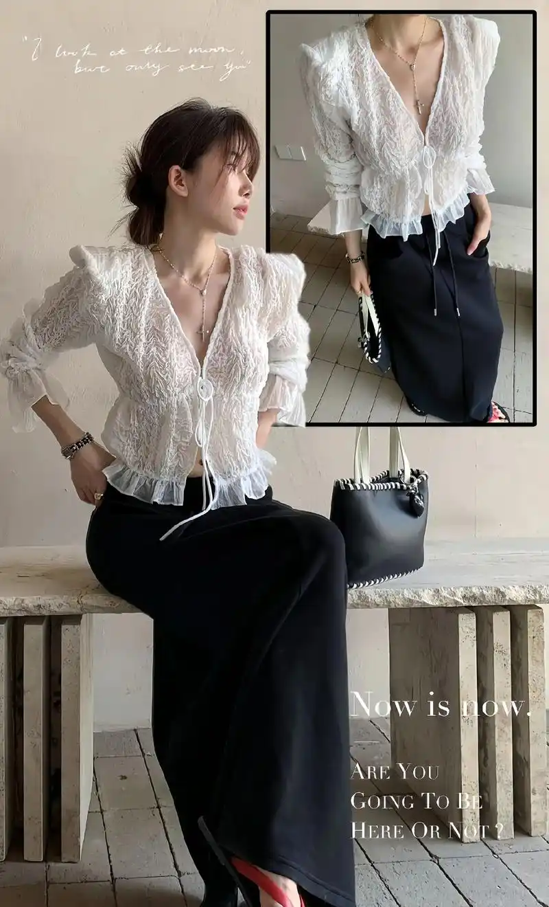 法式v领蕾丝套装