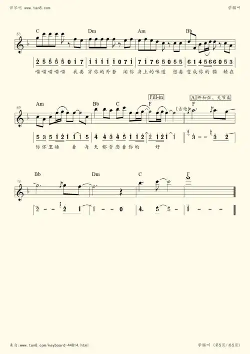 电子琴谱 - 学猫叫(f调电子琴谱)抖音神曲