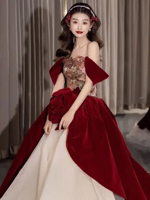 酒红色气质款敬酒服