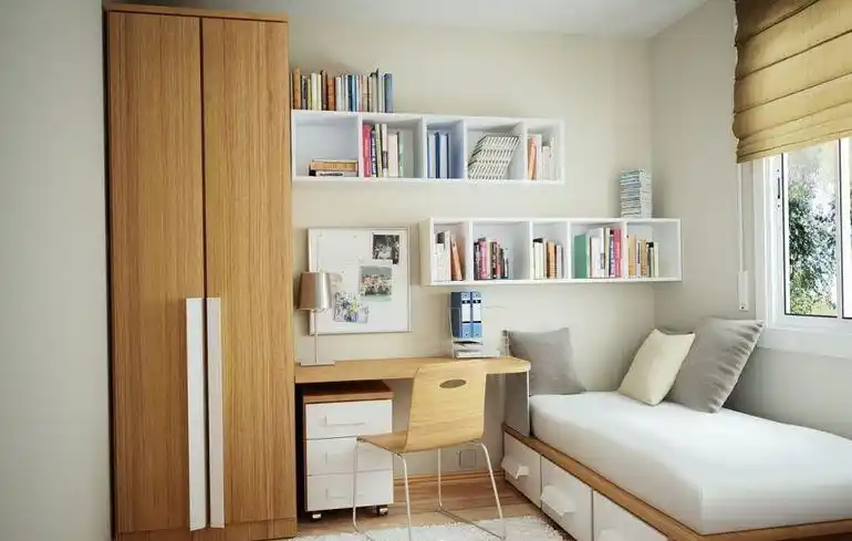 简约卧室墙上简易书架装修效果图