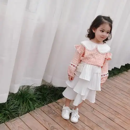 2020春装新款中小儿童娃娃领衬衣韩版可爱女童宝宝镂空格子衬衫潮