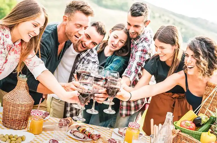 年轻的朋友们在户外露天烧烤派对上举杯畅饮红酒-快乐的人们在农家