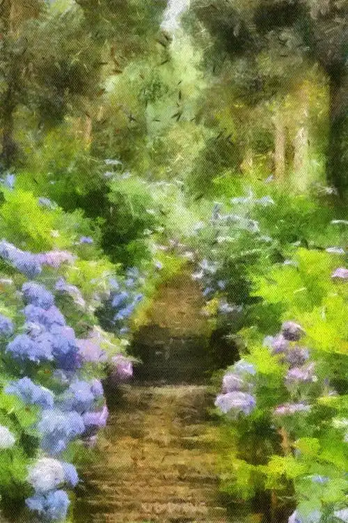 小径 花丛 树林 大自然 油画