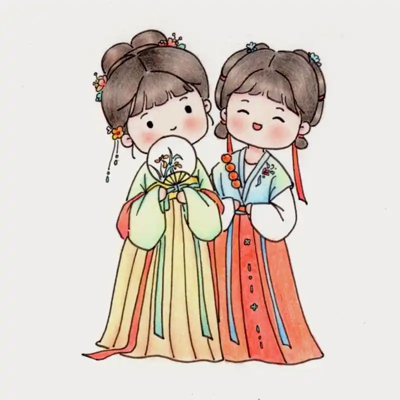 古风插画|简笔画|92两只汉服少女 女孩子真是太美好啦