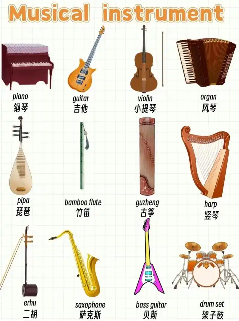 今日分享,乐器类英语单词!短句!亲子对话! 做 - 抖音