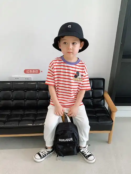辰辰妈 迪士尼童装洋气男宝宝米奇条纹t恤儿童短袖t恤2020年夏季