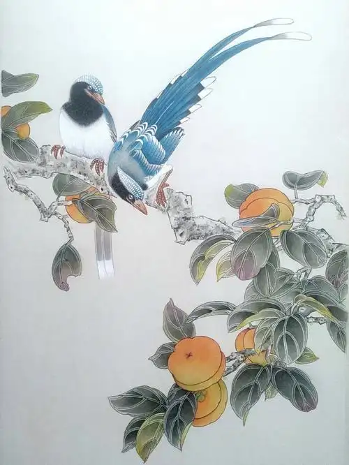 手绘工笔画红嘴蓝鹊柿柿如意
