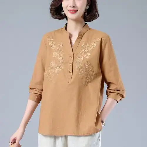 中老年女装妈妈春秋装2022新款洋气刺绣大码棉麻衬衫女长袖薄上衣