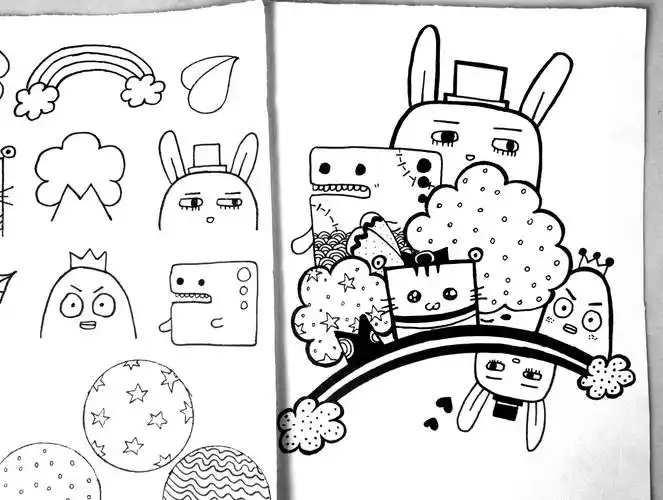 手绘超激萌黑白简笔小画一