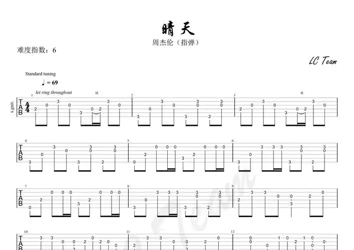 晴天指弹吉他谱_周杰伦_标准调弦吉他指弹六线谱_简单版新手谱编配 -