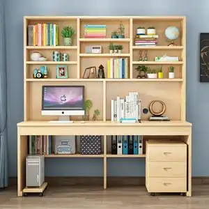 实木书桌带书架组合书柜一体图片
