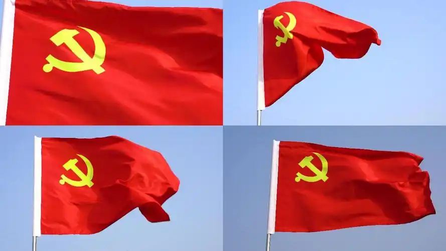 红旗随风飘扬,斧头镰刀背景实视频