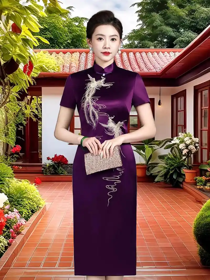 夏季新款紫色旗袍,高贵气质妈妈婚宴礼服