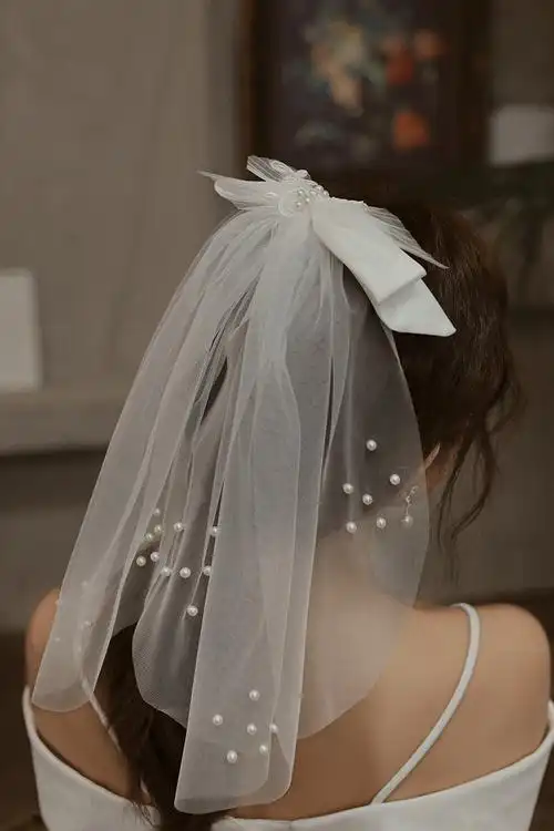 婚礼舞会花瓣珍珠装饰帽纱头纱日韩甜美蝴蝶结派对婚纱配饰头纱