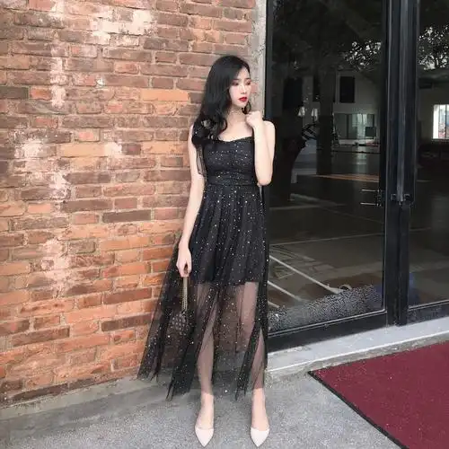 法式chic连衣裙女2019夏季新款网纱透视v领圆点气质性感修身长裙