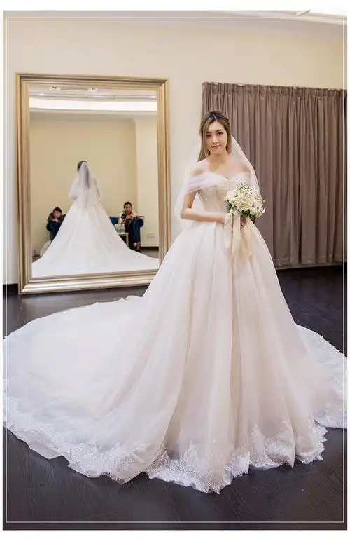 星空轻婚纱2022新款礼服拖尾梦幻新娘一字肩女森系小个子白色齐地款