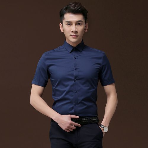 衬衫男士夏季短袖深蓝色商务务正装寸衫韩版修身衬衫